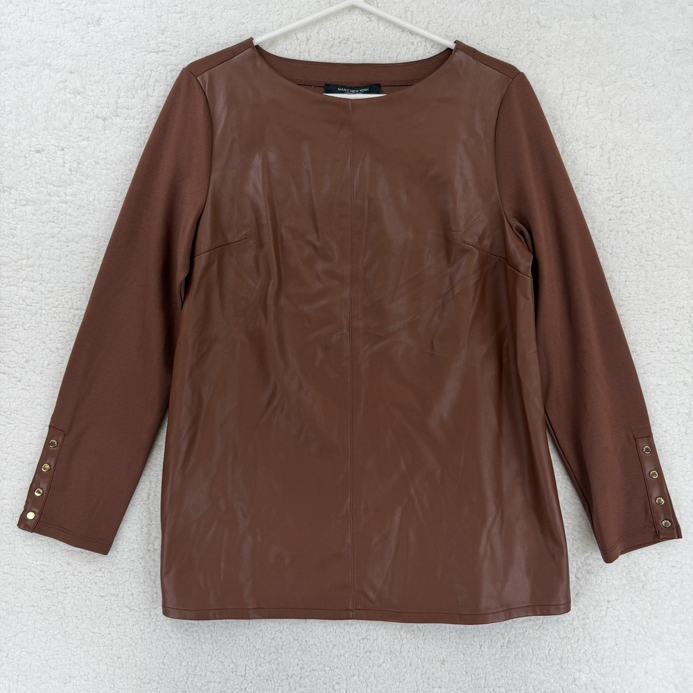 Marc New York Andrew Marc Blouse Womens Medium Brown Faux Leather‎ Long Sleeve